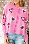 Rose Sequin Heart Shaped Exposed Seam Pullover Sweatshirt-Graphic-MomFashion