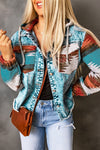 Multicolor Aztec Print Frayed Hem Denim Jacket-Outerwear-MomFashion