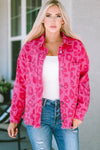 Pink Leopard Print Button Cuffs Raw Hem Jacket-Outerwear-MomFashion