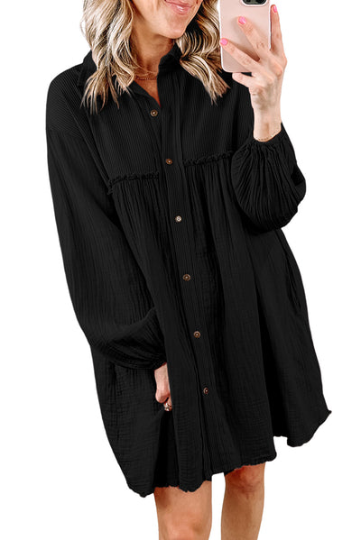 Black Patchwork Crinkle Puff Sleeve Shirt Dress-Dresses-MomFashion