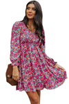 Purple Smocked V Neck Puffy Sleeve Floral Dress-Dresses-MomFashion