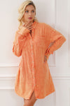 Orange Crinkled Dual Chest Pocket Oversized Shirt Dress-Dresses-MomFashion