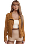 Brown Collared Asymmetric Ribbed Detail Motor Jacket-Outerwear-MomFashion