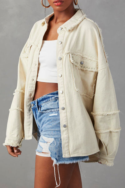 White Frayed Exposed Seam Denim Jacket-Outerwear-MomFashion