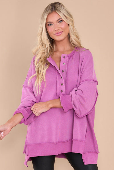 Purple Oversized Exposed Seam Henley Sweatshirt-Tops-MomFashion