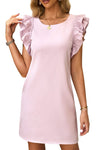 Pink Round Neck Ruffle Shift Mini Dress-Dresses-MomFashion