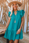 Green Tiered Ruffled Sleeves Mini Dress with Pockets-Dresses-MomFashion