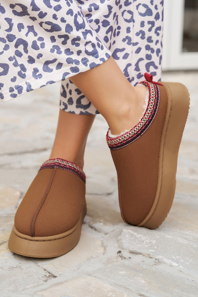 Chestnut Suede Contrast Print Round Toe Plush Lined Flats-Shoes & Bags-MomFashion