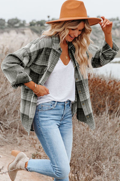 Medium Grey Plaid Flap Pockets Shacket-Outerwear-MomFashion