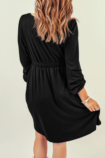 Black Button Up High Waist Long Sleeve Dress-Dresses-MomFashion