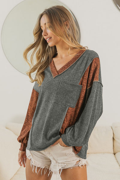 Brown V Neck Color Block Patchwork Loose Pullover-Tops-MomFashion