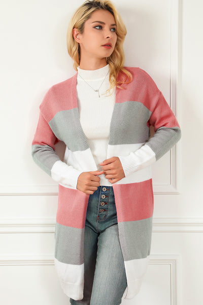 Green Colorblock Stripe Open-Front Cardigan-Tops-MomFashion