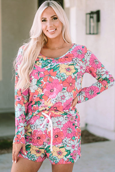 Multicolor Flower Print Pullover and Drawstring Shorts Lounge Set-Loungewear-MomFashion