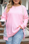 Pink Exposed Seam Leopard Splicing Plus Size Sweatshirt-Plus Size-MomFashion