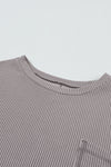 Gray Ribbed Roll-tab Sleeve Chest Pocket Oversize Top-Tops-MomFashion