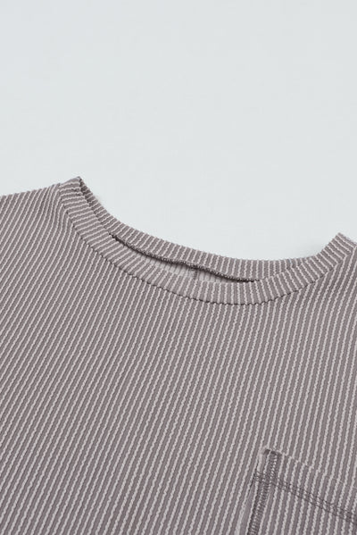 Gray Ribbed Roll-tab Sleeve Chest Pocket Oversize Top-Tops-MomFashion