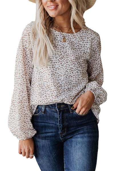 Leopard Crew Neck Long Sleeve Blouse-Tops-MomFashion