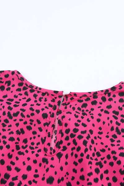 Rose Leopard Print Pleated Blouse with Keyhole-Tops-MomFashion