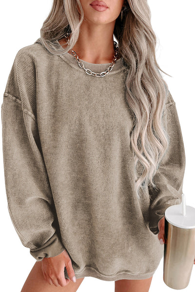 Khaki Solid Ribbed Knit Round Neck Pullover Sweatshirt-Tops-MomFashion