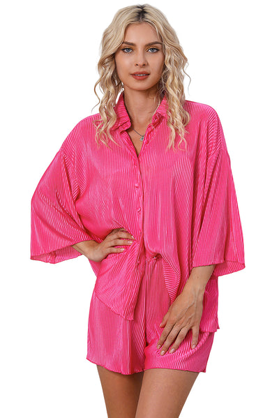 Rose 3/4 Sleeves Pleated Shirt and High Waist Shorts Lounge Set-Loungewear-MomFashion