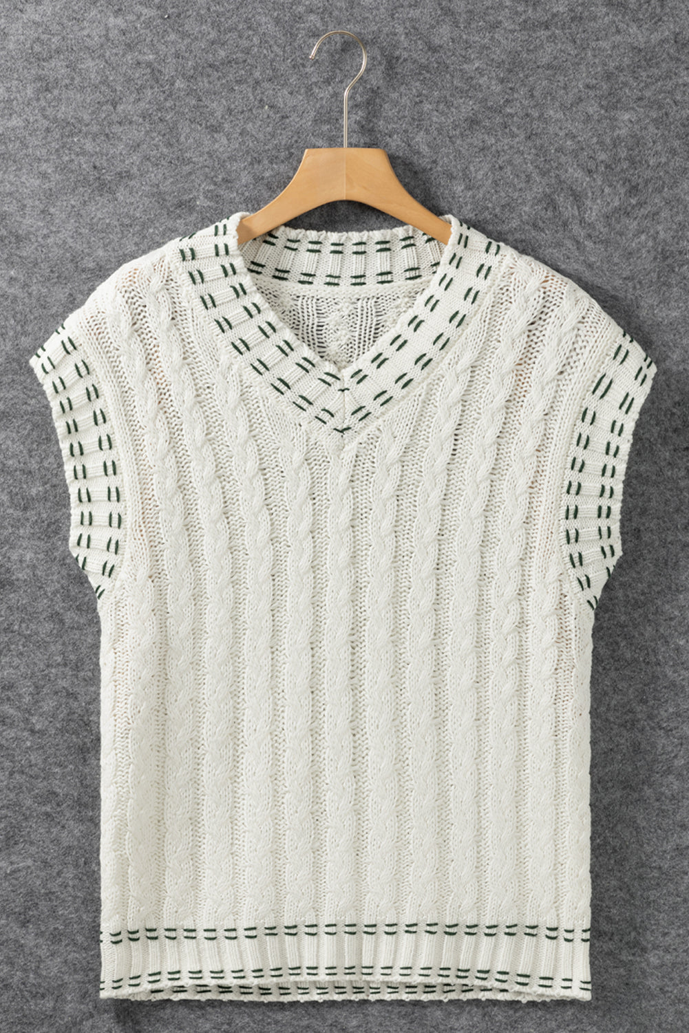 White Contrast Trim V Neck Cable Knit Sweater Vest-Tops-MomFashion