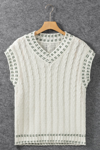 White Contrast Trim V Neck Cable Knit Sweater Vest-Tops-MomFashion