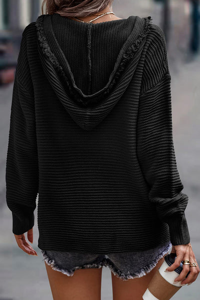 Black V Neck Ribbed Drop Shoulder Hooded Sweater-Tops-MomFashion