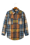 Brown Plaid Color Block Buttoned Shirt with Pockets-Tops-MomFashion