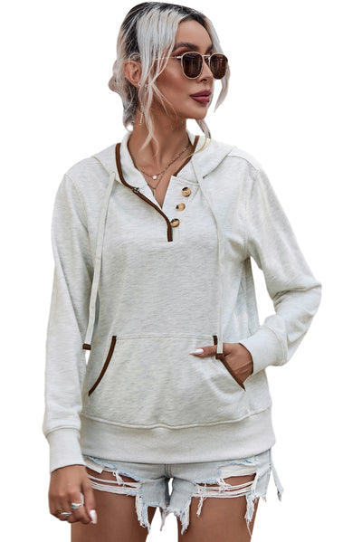 Beige Drawstring Kangaroo Pocket Henley Hoodie-Tops-MomFashion