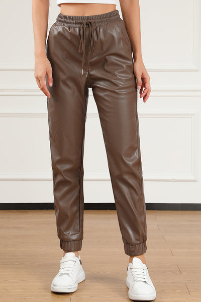 Brown Leather Tie Waist Jogger Pants-Bottoms-MomFashion