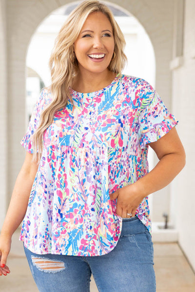 Purple Vibrant Botanical Print Frill Short Sleeve Plus Size Top-Plus Size-MomFashion