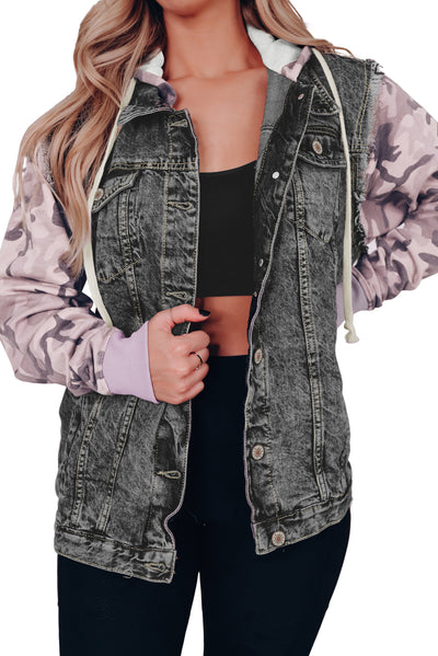 Black Camo Sleeve Hooded Buttoned Denim Jacket-Outerwear-MomFashion