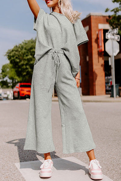 Gray Textured Loose Fit T Shirt and Drawstring Pants Set-Loungewear-MomFashion