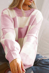 Pink Checkered Bishop Sleeve Sweater-Tops-MomFashion