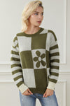 Green Checkered Floral Print Striped Sleeve Sweater-Tops-MomFashion