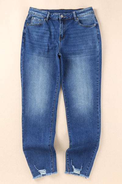 Blue Raw Hem Ankle-length Skinny Jeans-Bottoms-MomFashion