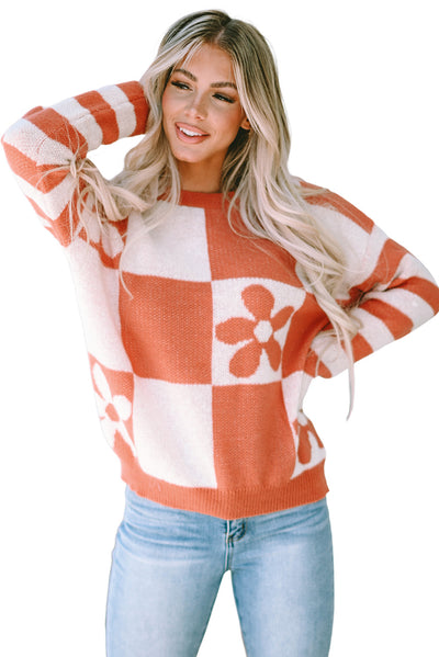 Brown Checkered Floral Print Striped Sleeve Sweater-Tops-MomFashion