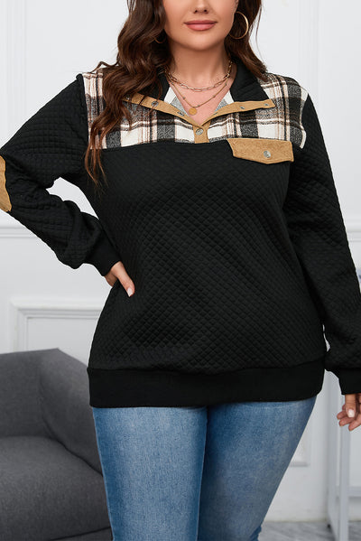 Black Plus Size Quilted Plaid Patch Henley Sweatshirt-Plus Size-MomFashion