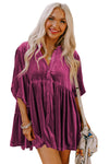 Pitaya Pink 3/4 Sleeve Tunic Babydoll Velvet Shirt-Tops-MomFashion