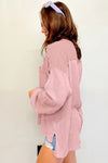 Pink Exposed Seam Patchwork Bubble Sleeve Waffle Knit Top-Tops-MomFashion