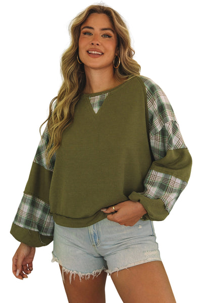 Green Plaid Patch Waffle Knit Exposed Seam Bubble Sleeve Top-Tops-MomFashion