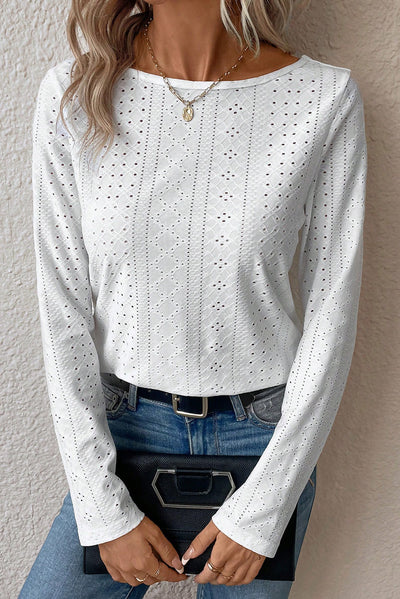 White Floral Lace Splicing Eyelet Long Sleeve Top-Tops-MomFashion