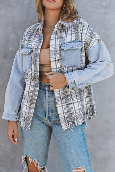 Sky Blue Plaid Patchwork Fringed Flap Pockets Denim Jacket-Outerwear-MomFashion