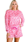 Pink Leopard Long Sleeve Satin Tie Shorts Two Piece Set-Loungewear-MomFashion