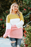 Yellow Colorblock Bubble Sleeve Plus Size Sweater-Plus Size-MomFashion