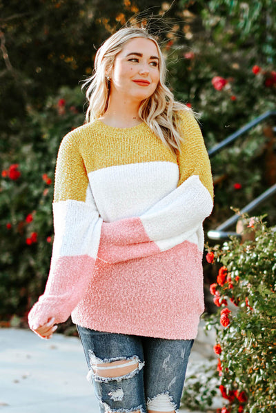 Yellow Colorblock Bubble Sleeve Plus Size Sweater-Plus Size-MomFashion