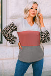 Fiery Red Wild Leopard Contrast Sleeve Colorblock Waffle Knit Top-Tops-MomFashion