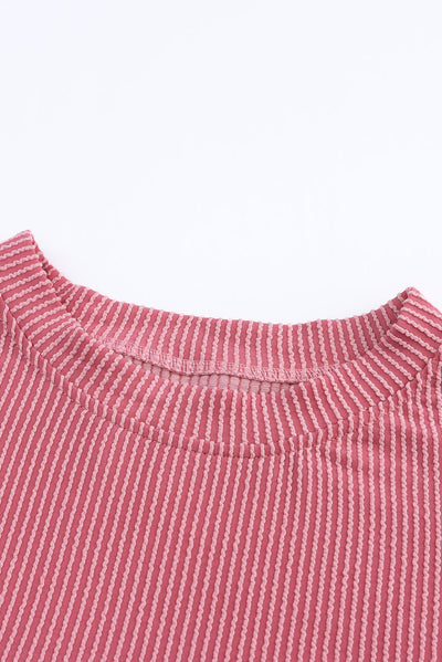 Pink Color Block Long Sleeve Ribbed Loose Top-Tops-MomFashion