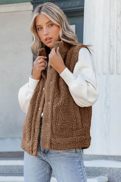 Brown Snap Button Pocketed Sherpa Vest Jacket-Outerwear-MomFashion