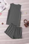 Dark Gray Crew Neck Tank and Drawstring Ruffled Shorts Lounge Set-Loungewear-MomFashion